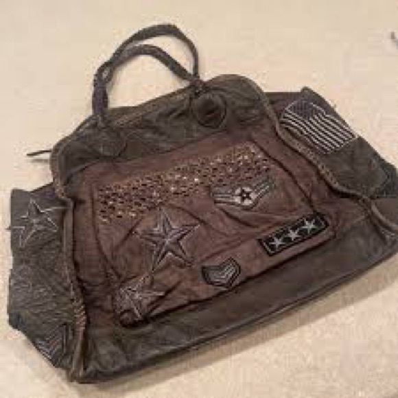 Rare Free People Leather & Cotton Studded & Patched Military Tote L13"W13"D7" - Picture 5 of 7